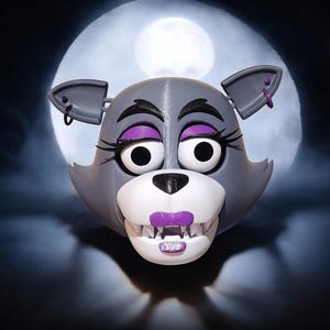 Puede incluir: Una cabeza de lobo animatrónica gris y blanca con ojos, pestañas y labios morados. La cabeza tiene un aro de nariz plateado y un pendiente morado en cada oreja.