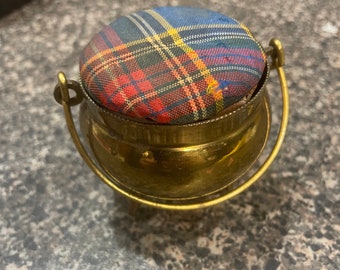 Vintage Brass Cauldron with Handle Tartan Top Pincushion