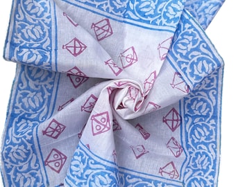 Women's Hand Block Printed Floral Bandana Handmade Cotton Bandana, Hand Block Print Bandana in Cream, Pumpkin and Steel