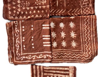 Hand Block Print Cotton Bandana Set Of 5, Organic Mud Cloth Scarves,Brown Scarf, Neckerchief Bandana