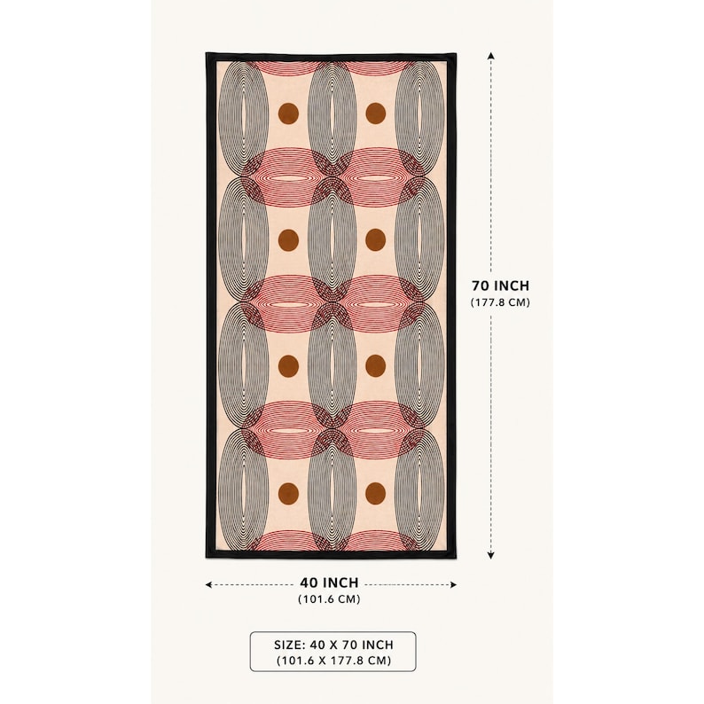 May include: A rectangular towel featuring a repeating geometric pattern of interlocking red and black line-art ovals on a cream background with solid brown circles. The towel measures 40 inches by 70 inches, as indicated by the printed text.