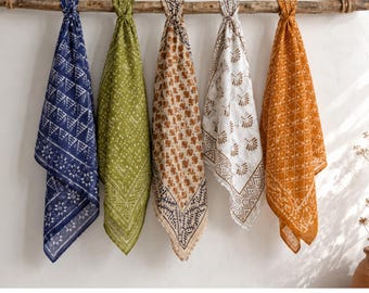 Bulk Hand Block Print Bandana Set of 5, 100% Cotton Neckerchief, Assorted Boho Hair Scarf Pack, Indigo Dabu Head Wrap, 21×21 Inch