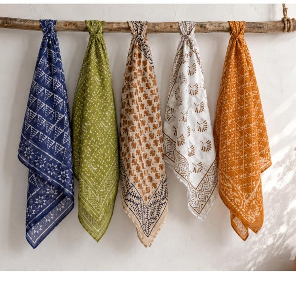 Bulk Hand Block Print Bandana Set of 5, 100% Cotton Neckerchief, Assorted Boho Hair Scarf Pack, Indigo Dabu Head Wrap, 21×21 Inch
