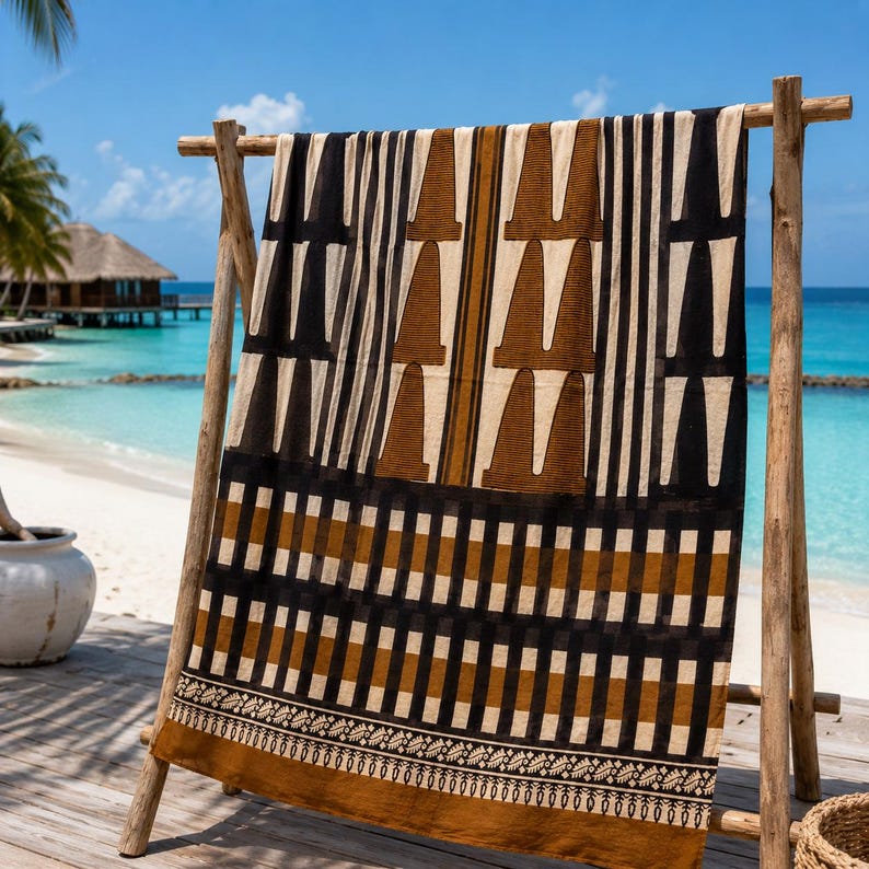Puede incluir: Un textil rectangular colgado en un marco de madera, con un fondo crema y patrones geom&eacute;tricos en negro y marr&oacute;n. El dise&ntilde;o incluye rayas verticales, formas triangulares apiladas, un borde a cuadros y un dobladillo con un patr&oacute;n de hojas detallado.