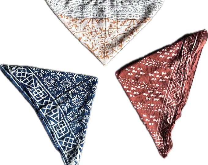 Unique Set of 3 Organic Cotton Bandana ,Bohemian Indigo bandana,  Hand Made Tie dye Bandana for Men and Women, High-Quality Scarf