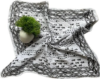 Black White Tribal Cotton Handmade Bandana|  Hand Block Print Boho Head Scarf|  Western Cowboy Neckerchief Hair Wrap| bandana for gift