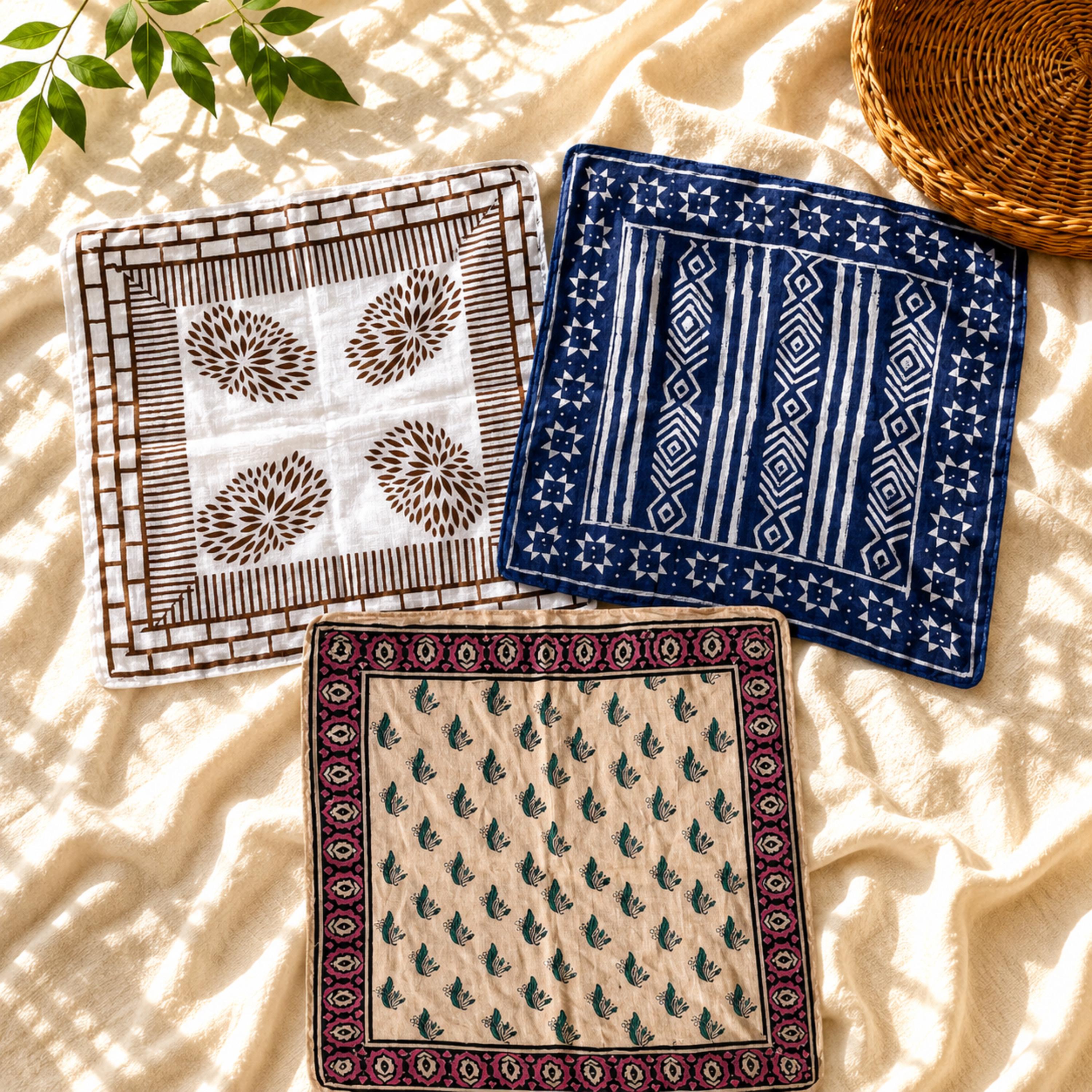 Hand Block Print Cotton Bandana Set, Indigo Blue Paisley Pocket Square, Indian Mud Resit Dabu Bandana, Traditional Handmade print Scarf