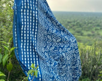 Indigo Print Cotton Sarong Wrap: Beach Swimsuit Cover-Up with Tassels