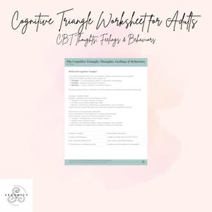 May include: A worksheet titled "Cognitive Triangle Worksheet for Adults" with the subtitle "CBT Thoughts, Feelings & Behaviors." The document is on a light pink background with a floral design. The worksheet explains the cognitive triangle.