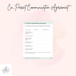 Könnte beinhalten: Ein Co-Parent Communication Agreement Arbeitsblatt mit einem hellgrünen und weißen Design. Das Dokument enthält Abschnitte für Kommunikationspräferenzen, Vereinbarungen und Notizen. Der Titel ist in eleganter schwarzer Schrift.