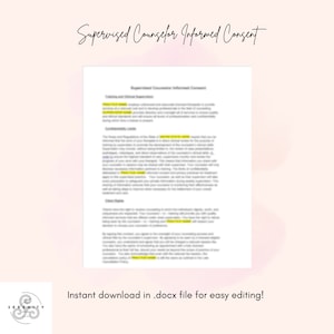 以下が含まれることがあります： 「Supervised Counselor Informed Consent」というタイトルの白黒の文書。この文書はカウンセリングサービスの法的フォームです。テキストはぼやけていますが、タイトルは明瞭です。文書はピンクの背景にあります。