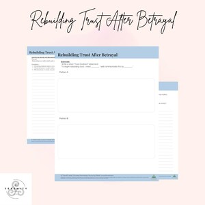 Puede incluir: Hoja de trabajo titulada "Reconstruyendo la confianza después de la traición" con ejercicios para completar. El texto es negro, con un encabezado azul claro y un fondo rosa claro. El logotipo de Serenity está en la esquina inferior izquierda.