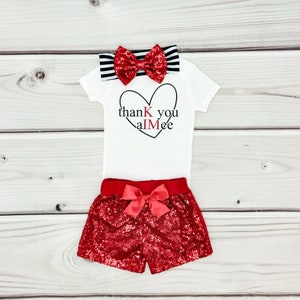 Baby Girl Swiftie Outfit - ThanK you aIMee Baby Girl Bodysuit - Red sequins shorts , Red Sequins Bow with black and white Headband