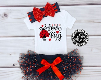 Valentines Baby Girl Outfit, Love Bug Bodysuit, Black and Red Heart tutu Bloomer and Headband- Cute Valentine’s Day Baby Girl Outfit