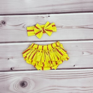 Baby Girl Softball Ruffle Bloomer and Headband , Softball Headband , Softball Bow, Baby Girl Softball Bummies and Bow Band