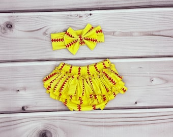 Baby Girl Softball Ruffle Bloomer and Headband , Softball Headband , Softball Bow, Baby Girl Softball Bummies and Bow Band