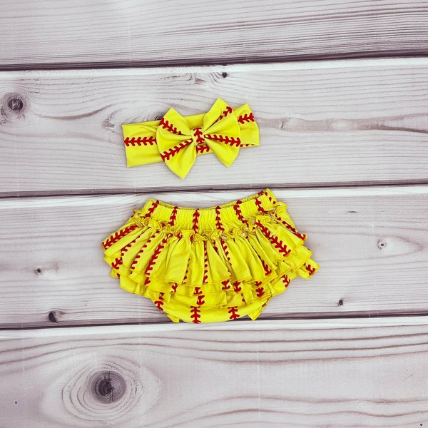 Baby Girl Softball Ruffle Bloomer and Headband , Softball Headband , Softball Bow, Baby Girl Softball Bummies and Bow Band