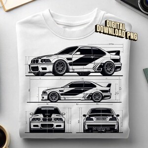 Może przedstawiać: Biały t-shirt z czarno-białą ilustracją techniczną samochodu sportowego z czterech różnych perspektyw. Grafika zawiera widoki z boku, z przodu i z tyłu z liniami wymiarowymi oraz napisem DIGITAL DOWNLOAD PNG.