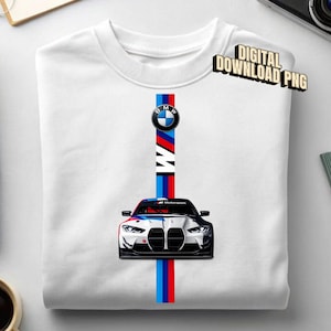 May include: A white crew neck t-shirt featuring a vertical graphic design with the BMW logo, the text "M Motorsport," and a front-facing illustration of a white BMW race car. The text "DIGITAL DOWNLOAD PNG" is printed in the upper right corner.