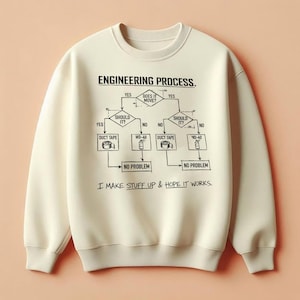 Könnte beinhalten: Cremefarbenes Sweatshirt mit einer schwarzen Grafik eines technischen Flussdiagramms. Das Diagramm enthält den Text "Engineering Process", "Duct Tape", "WD-40" und "I Make Stuff Up & Hope It Works."
