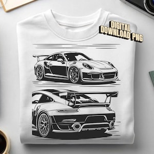 May include: A white crewneck sweatshirt featuring a black graphic print of a sports car shown from two angles. The top image displays the front and side profile, while the bottom image shows the rear view with a large spoiler. Text reads DIGITAL DOWNLOAD PNG.