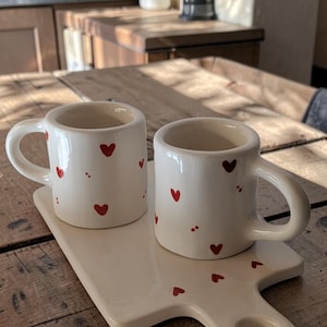 Romantic Coffee Gift Set Heart Design | 2 Espresso Cups + Ceramic Board | Couple Gift Idea | Handmade Italian Pottery Set