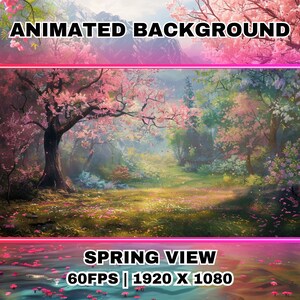 Pode incluir: Fundo animado que apresenta uma cena primaveril com uma floresta verde exuberante, flores de cerejeira rosa e um rio azul brilhante. O texto "ANIMATED BACKGROUND" e "SPRING VIEW 60FPS | 1920 X 1080" é exibido na imagem.