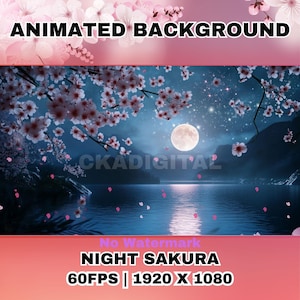 Vtuber アニメーション背景 桜の湖、穏やかな満月の夜空オーバーレイ、日本のアニメをテーマにしたストリーミング設定、ストリーミングオーバーレイ