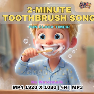 Può includere: Illustrazione a cartoni animati di un ragazzino che si lava i denti con uno spazzolino di legno. L'immagine contiene il testo "2-MINUTE TOOTHBRUSH SONG" e "FUN CLOCK TIMER!". Il ragazzo indossa un pigiama blu con stelle gialle.