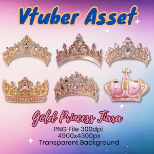 Pode incluir: Seis tiaras de princesa douradas com gemas cor-de-rosa. As tiaras estão sobre um fundo rosa e roxo com o texto "Vtuber Asset" e "Gold Princess Tiara". O texto também inclui "PNG File 300dpi 4900x4300px Transparent Background".