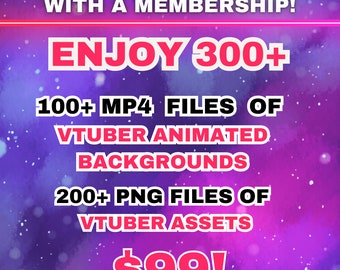 Può includere: Una grafica a tema galassia viola e rosa con stelle bianche. Il testo recita "UNLOCK ALL VTUBER ASSETS WITH A MEMBERSHIP! ENJOY 300+ 100+ MP4 FILES OF VTUBER ANIMATED BACKGROUNDS 200+ PNG FILES OF VTUBER ASSETS 99€!"
