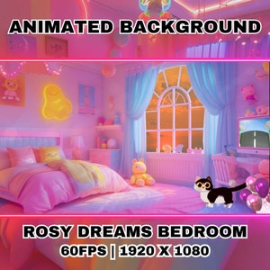 Vtuber Animated Background, Rosy Dreams Bedroom, Virtual Background Twitch Stream Overlay Vtuber Stream Design | Cozy Treehouse Living Room