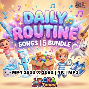 Può includere: Un'illustrazione digitale colorata che promuove "Daily Routine Songs | 5 Bundle". L'immagine presenta personaggi dei cartoni animati, note musicali e testo. Include un bambino, uno spazzolino da denti, una scatola di giocattoli, un ragazzo, un cane, una chitarra e scarpe da ginnastica blu.