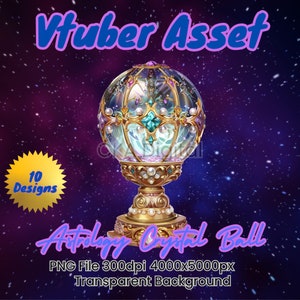 May include: A gold and crystal astrology crystal ball with a pearl and gem design. The ball is on a gold stand with a base that has intricate details. The background is a purple and blue galaxy with stars.