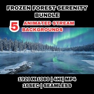 May include: The image displays a winter landscape with a frozen lake and snow-covered trees under a vibrant aurora borealis. Text reads "FROZEN FOREST SERENITY BUNDLE" and "5 ANIMATED STREAM BACKGROUNDS". Additional text indicates 1920x1080 resolution, 4K, MP4, 16 seconds, and seamless.