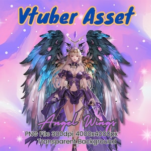 May include: A digital illustration of a female character with long blonde hair and large, iridescent angel wings. The wings are black with blue and purple accents. The character is wearing a purple and black outfit with gold accents. The image has a transparent background.