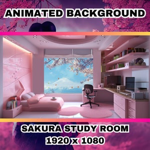 May include: A pink study room with a large window overlooking a mountain range with cherry blossoms. The room has a desk with a computer, a chair, and a bookshelf. The bed is pink with white pillows and a pink blanket. The text "SAKURA STUDY ROOM 1920 x 1080" is at the bottom of the image.