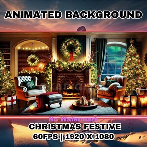 Geanimeerde kerst woonkamer Vtuber-achtergrond: besneeuwde winterstroom (digitale mp4-download)