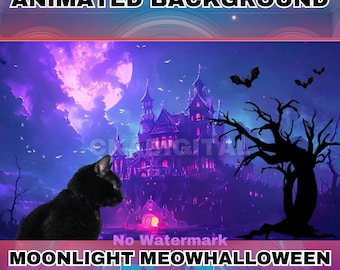 Animated Halloween Vtuber Background: Black Cat, Pastel Goth Scene (MP4 Video)