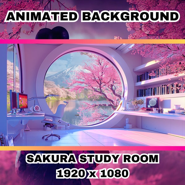 Vtuber Background Animate Background, Cozy Sakura Study Room, Bird Flying, Cloud Moving, Twitch Stream Background Animated Loop