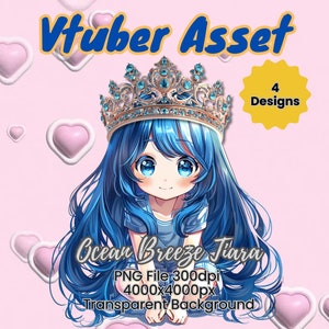 Peut inclure: Un personnage d'anime aux cheveux bleus portant une tiare dorée et bleue avec le texte "Ocean Breeze Tiara" et "PNG File 300dpi 4000x4000px Transparent Background".