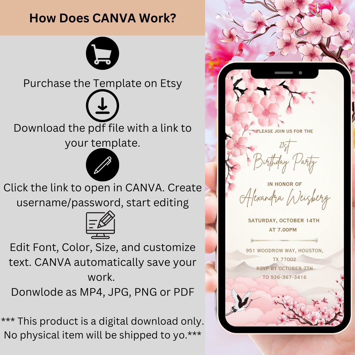 Cherry Blossom Japanese Style Birthday Invitation Template Printable ...