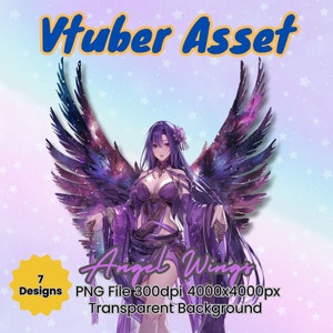 May include: Purple angel wings with a galaxy design. The wings are attached to a female figure with long purple hair and a purple dress. The text "Angel Wings" is written in white with a purple outline. The text "PNG File 300dpi 4000x4000px Transparent Background" is written in white below the wings. A yellow star with the text "7 Designs" is in the bottom left corner.