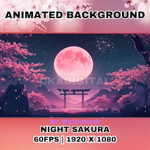 Sakura Moonlit Vtuber Animated Background: Nighttime Anime Stream Overlay (MP4 Video)