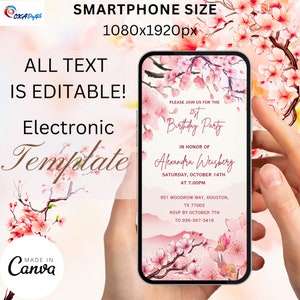 桜の和風誕生日招待状テンプレート 印刷可能、桜の花 ローズゴールド、編集可能なテンプレート 蝶
