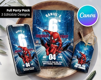 Bearbeitbar Spidey Geburtstagseinladung | Spider-man Party Digitale Einladung | Spinnen-Geburtstag | Bearbeitbar mit Canva | Sofort Download
