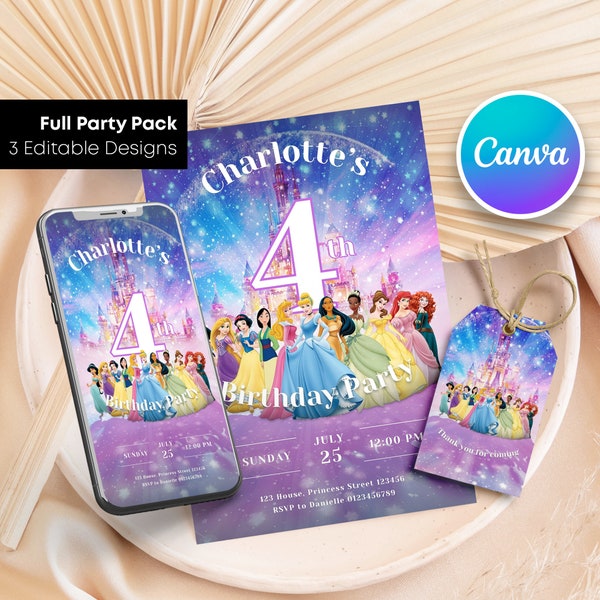 Editable Princess Birthday Invite | Party Digital Invitation | classic Princesses | 3 Piece Pack | Digital Download Template