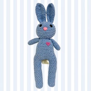 May include: A handmade, light blue crochet bunny with long ears, black eyes, and a pink nose. The bunny has a pink heart on its chest. The toy is made of soft yarn and is suitable for children.