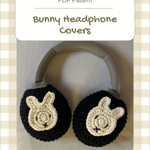 May include: Black crochet headphone covers with a cream-colored bunny design. The text "PDF Pattern" and "Bunny Headphone Covers" are displayed on a white background. The shop's Instagram handle, @yenkieshop, is also visible.