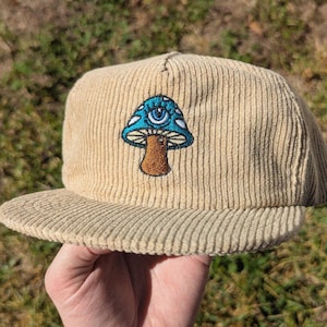 Third Eye Mushroom Corduroy Cap - Embroidered Mushroom Eye Flat Bill Corduroy Hat - Trippy Mushroom Hat Gift Psychedelic Boho Festival Hat